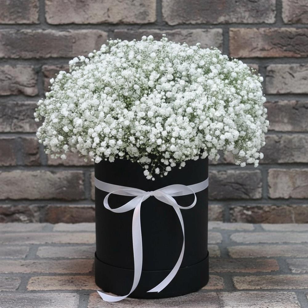 Цветочная композиция из Гипсофила в шляпной коробке в Алексеевском Ставропольского края