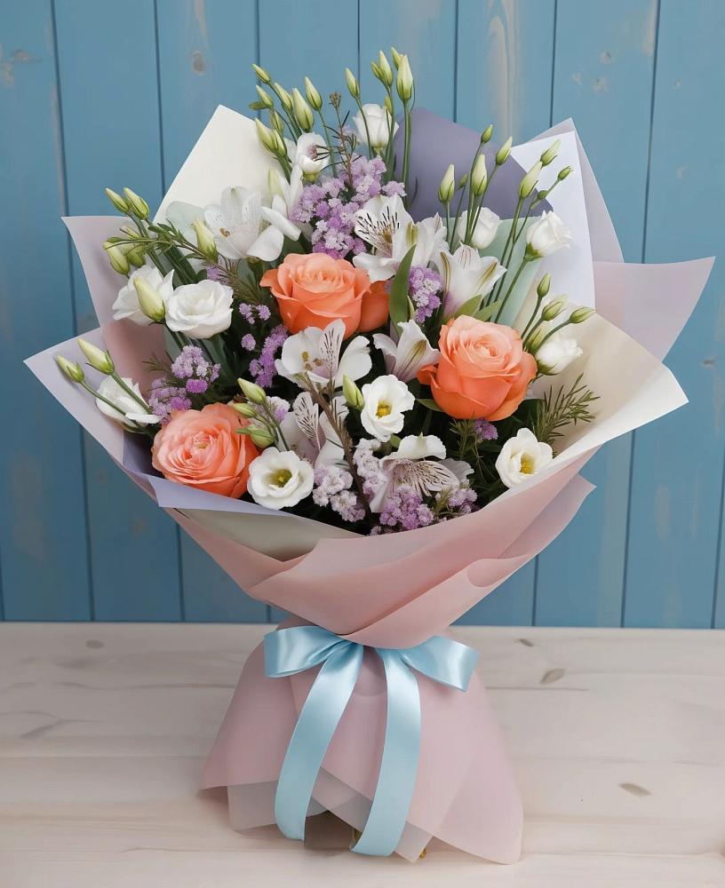 Букет цветов из: Лизиантусы, Розы, Альстромерии и Гипсофила в Алексеевском Ставропольского края