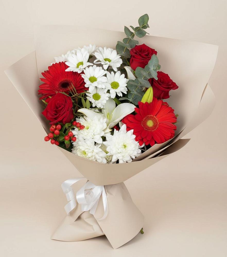 Букет цветов из: Розы, Хризантемы, Герберы и Лилии в Алексеевском Ставропольского края