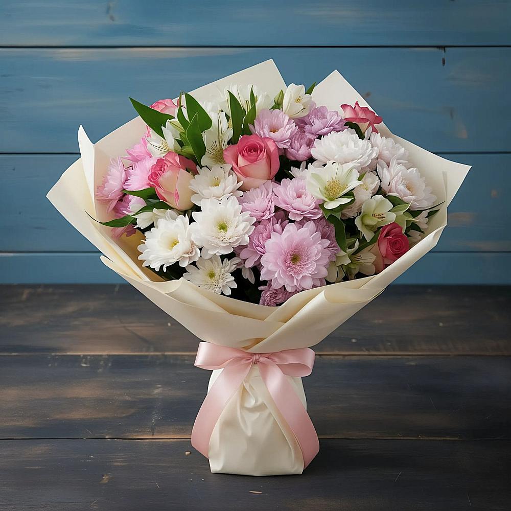 Букет цветов из: Хризантемы, Альстромерии и Розы в Алексеевском Ставропольского края